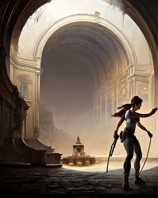 Image similar to lara croft exploring an italian opera house as she hides from numerous musclebound male goons patrolling the area, by wlop, greg rutkowski and peter mohrbacher, extremely detailed shading, concept art, digital painting, trending on artstation, unreal engine 5, octane render, atmosphere, lens flare, glow, cinematic lighting, full of color