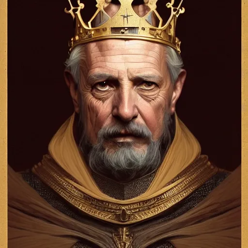 Prompt: portrait of a medieval old king, intricate, elegant, highly detailed, digital painting, artstation, concept art, smooth, sharp focus, illustration, art by artgerm and greg rutkowski and alphonse mucha, 8 k