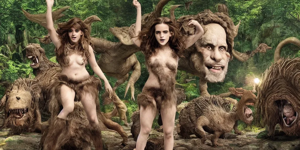 Image similar to photo, hairy fat cave people, emma!! watson!!, looking at camera, surrounded by dinosaurs!, gigantic forest trees, sitting on rocks, bright moon, birthday cake on the ground, front full body view, jelly! monster!