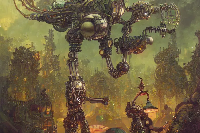 Prompt: a giant steampunk hybrid mantis harvesting bulbs of energy filled with green jelly, robot metallic armor, science fiction, illustration by peter mohrbacher, moebius, mucha, victo ngai, dynamic light, vibrant colors