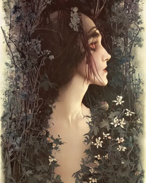 Image similar to a beautiful but sinister and creepy woman in layers of fear, with haunted eyes, violence in her eyes, 1 9 7 0 s, seventies, delicate embellishments, a little blood, woodland, moonlight shining on wildflowers, painterly, offset printing technique, by alexandre cabanel
