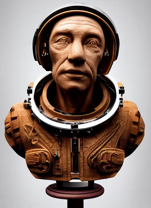 Image similar to high intricate bust of an astronaut carved from wood in baroque style, studio light, maria panfilova, andrea savchenko, mike kime, ludovic plouffe, qi sheng luo, oliver cook, trending on artstation