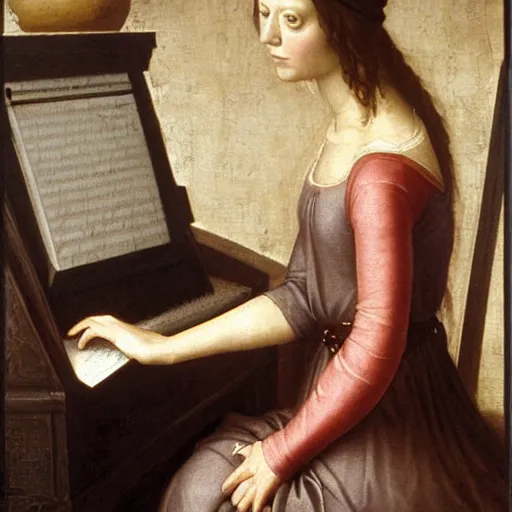 Prompt: Renaissance oil painting, full room view, skinny female artist back view, dark hair, pale grey babydoll dress, sleeveless, ruffle shoulders, typing on a computer keyboard facing a giant wall size computer screen