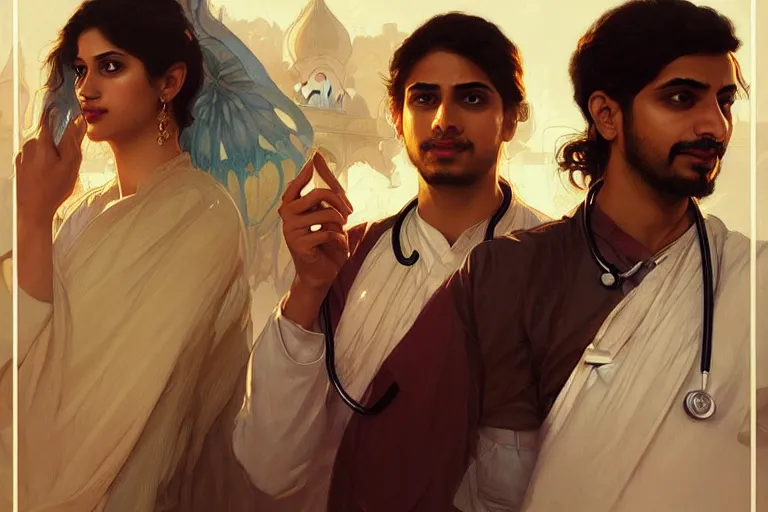 Prompt: Anxious good looking pale young Indian doctors talking, portrait, elegant, intricate, digital painting, artstation, concept art, smooth, sharp focus, illustration, art by artgerm and greg rutkowski and alphonse mucha