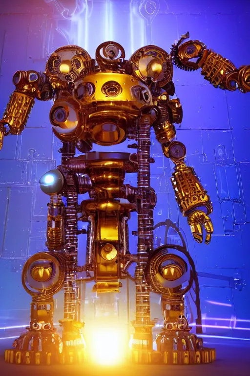 Image similar to photo of a giant huge golden and blue metal humanoid steampunk robot with big gears and tubes, robot is broken and falling apart into pieces, eyes are glowing red lightbulbs, shiny crisp finish, 3 d render, 8 k, insaneley detailed, fluorescent colors, background is multicolored lasershow