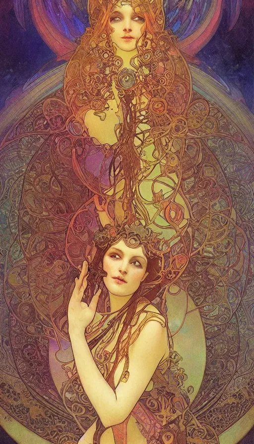 Image similar to psytrance artwork, by alfons maria mucha