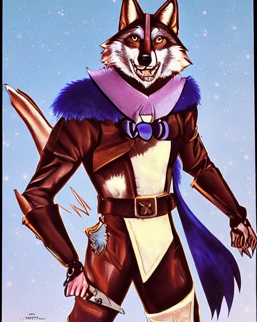 Prompt: 1 9 8 0 s promo movie poster featuring a portrait of the villain male wolf o'donnell anthropomorphic wolf from starfox wearing a dark leather space mercenary uniform, dark grey wolf, handsome eyes, wolf o'donnell