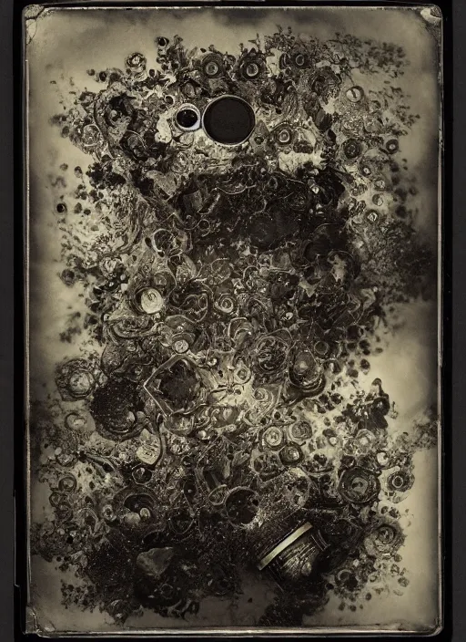 Image similar to old wetplate daguerreotype explosion of data fragments, fractal, intricate, elegant, highly detailed, parallax, leica, medium format, subsurface scattering, by jheronimus bosch and greg rutkowski and louis jacques mande daguerre