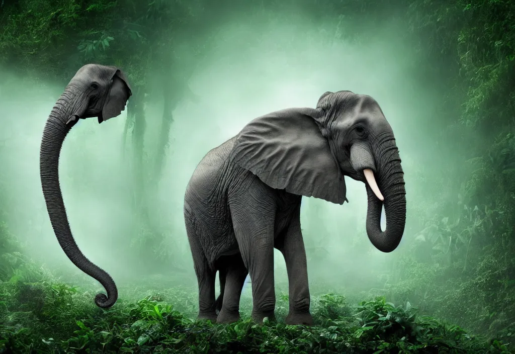 Prompt: an elephant king, his trunk is a huge tentacle, in a jungle with ominous green light from above, ambient light, fog, river, symmetrical, poetic