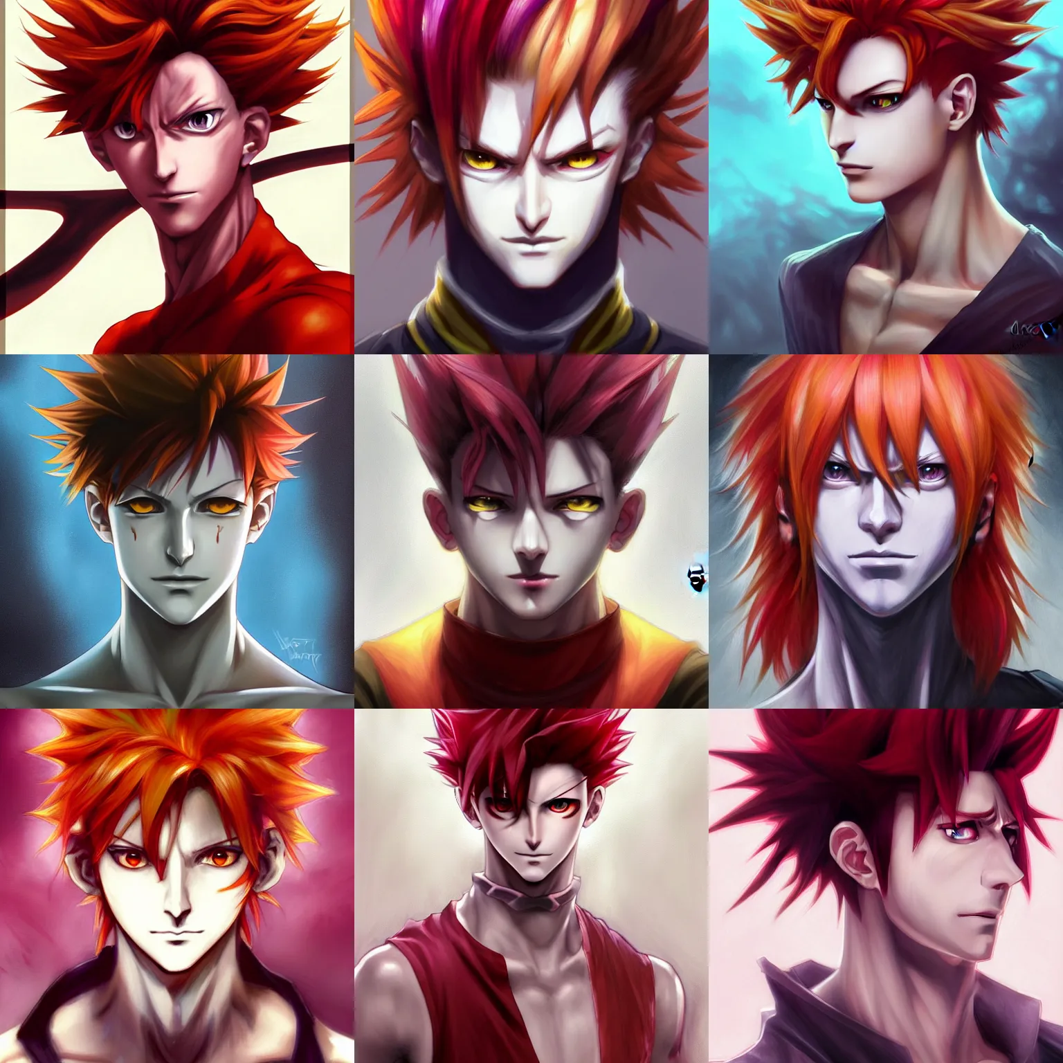 Prompt: portrait of hisoka morow hunterxhunter, male, overwatch moira sharp jaw yellow eyes narrow narrow sultry eyes red hair crimson swept back hair, soft hair, anime, fantasy, intricate, elegant, highly detailed, digital painting, artstation, concept art, smooth, sharp focus unreal 4 art by artgerm and greg rutkowski and alphonse mucha