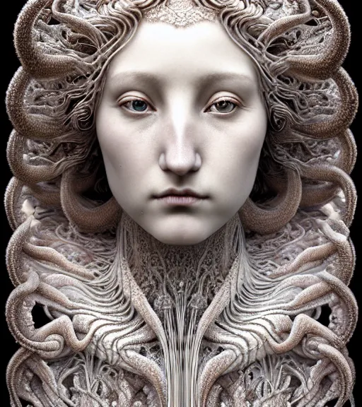 Image similar to detailed realistic beautiful ice goddess face portrait by jean delville, gustave dore, iris van herpen and marco mazzoni, art forms of nature by ernst haeckel, art nouveau, symbolist, visionary, gothic, neo - gothic, pre - raphaelite, fractal lace, intricate alien botanicals, ai biodiversity, surreality, hyperdetailed ultrasharp octane render