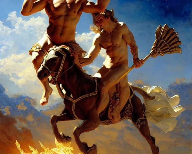 Image similar to attractive apollo greek god, riding his fire chariot. highly detailed painting by gaston bussiere, craig mullins, j. c. leyendecker 8 k