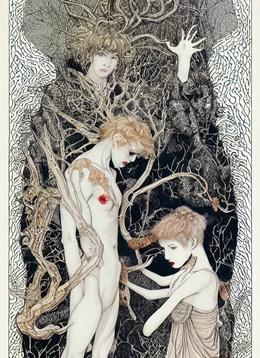 Prompt: boy, girl and a goat, by austin osman spare and Takato Yamamoto and Vania Zouravliov, high resolution