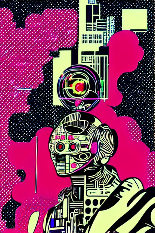 Image similar to futuristic japanese cyberpunk by roy lichtenstein, by andy warhol, ben - day dots, pop art, bladerunner, pixiv contest winner, cyberpunk style, cyberpunk color scheme, mechanical, high resolution, hd, intricate detail, fine detail, 8 k