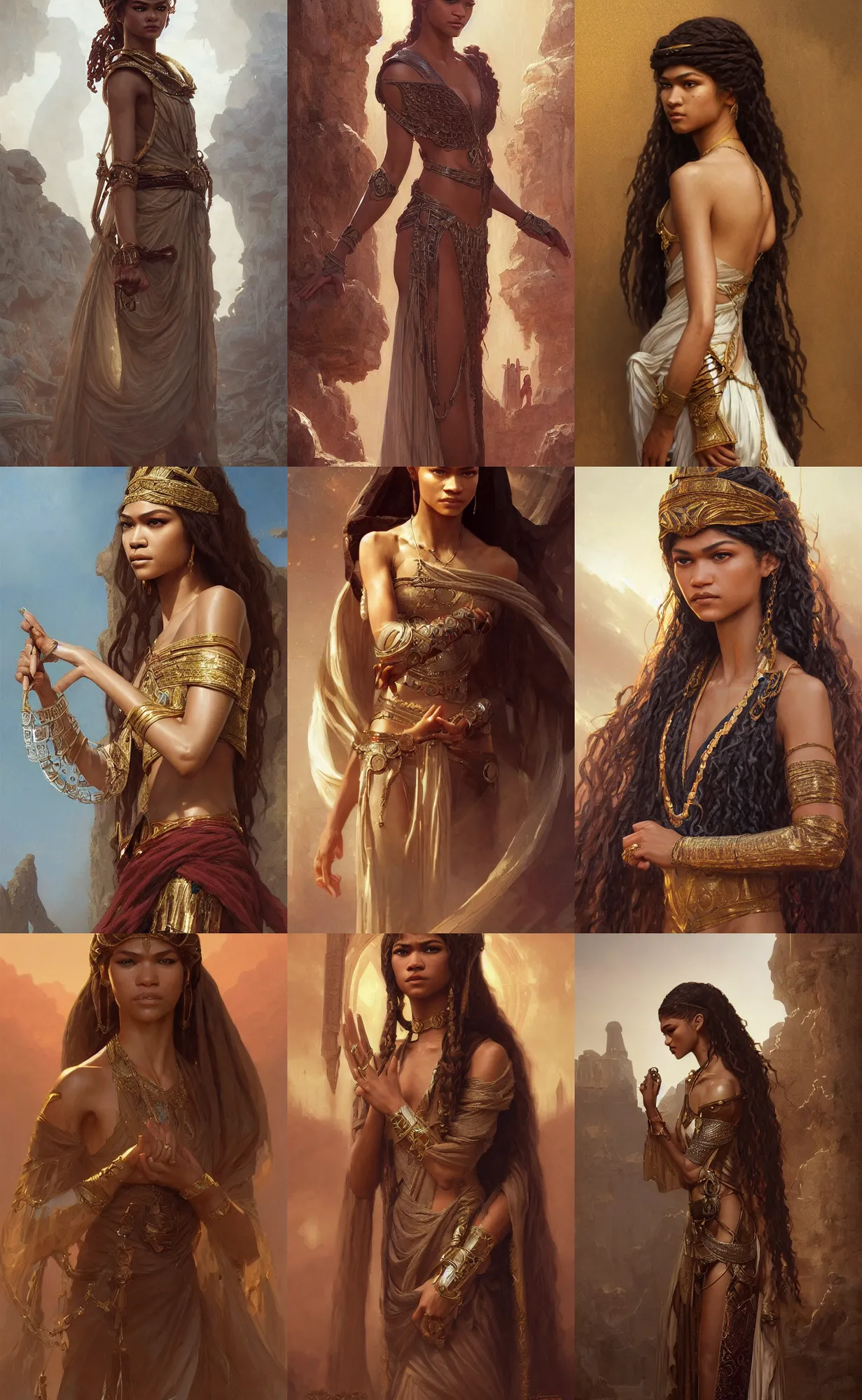 Prompt: Zendaya as ancient libyan princess, intricate, elegant, highly detailed, digital painting, artstation, concept art, smooth, sharp focus, illustration, art by and greg rutkowski and orientalism and bouguereau