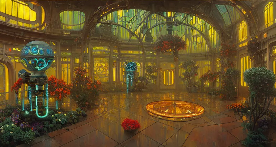 Prompt: a minimalist bioluminescent oil painting by donato giancola, warm coloured, cinematic scifi luxurious futuristic foggy steam filled victorian garden circular shopping mall courtyard with microscopy stained glass flowers growing out of pretty bulbous ceramic fountains, gigantic pillars and flowers, maschinen krieger, beeple, star trek, star wars, ilm, atmospheric perspective