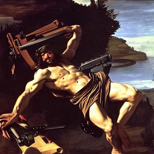 Image similar to Jesus Christ as Rambo hanging from a helicopter and shooting a gun ,Caravaggio