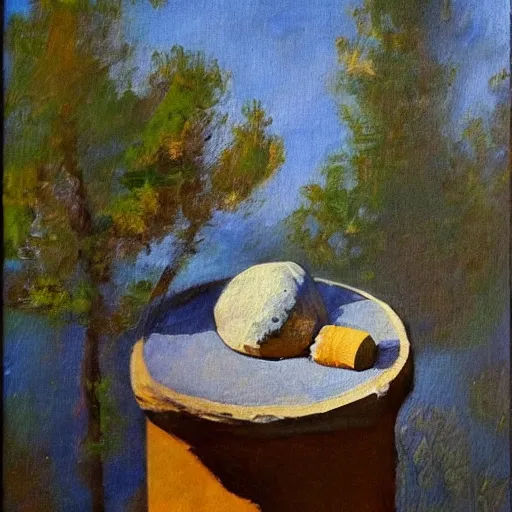 Image similar to impressionist painting of a round boulder on a pedestal smoking a cigarette, brown background