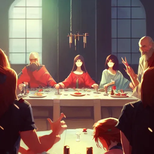 Image similar to the last supper 4 k, concept art, by wlop, ilya kuvshinov, artgerm, krenz cushart, greg rutkowski, pixiv. cinematic dramatic atmosphere, sharp focus, volumetric lighting, cinematic lighting, studio quality