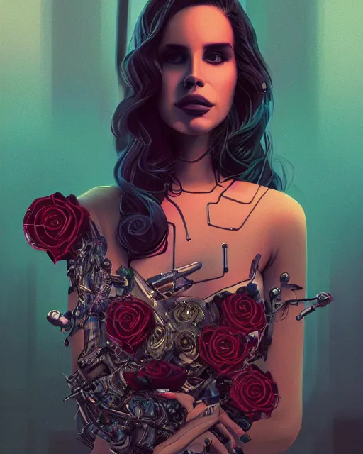 Image similar to portrait of lana del rey as a cyberpunk cyborg. sci - fi intricate abstract upper body intricate artwork, roses, rose petals by tooth wu, wlop, beeple, dan mumford. concept art, octane render, trending on artstation, greg rutkowski, asymmetrical, cinematic arthouse, key art, hyper realism, iridescent accents