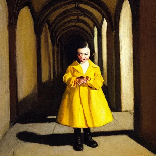 Image similar to a painting of a little girl with short black hair and wearing a yellow coat alone in the middle of a cloister in an abbey by hopper