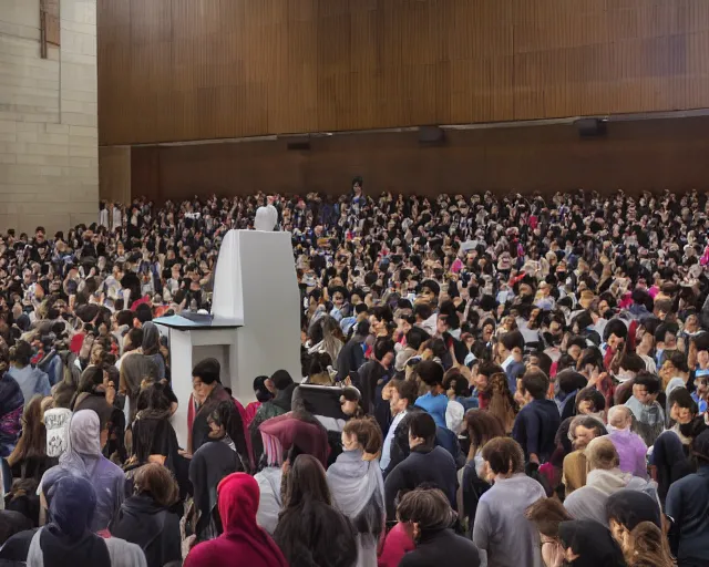 Image similar to anonymous at lectern with large presentation display behind, crowded university hall, photo