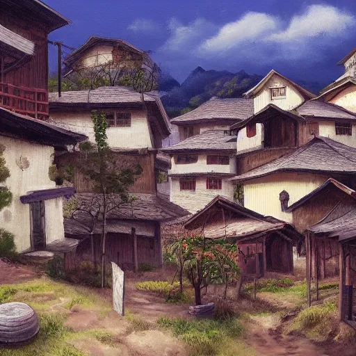Prompt: the village of omobe, oil painting, pale colors, high detail, 8 k, wide angle, trending on artstation,