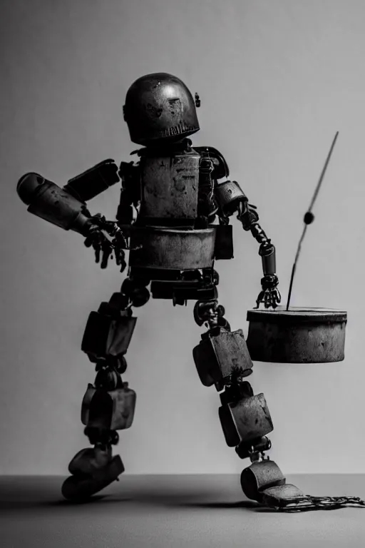 Image similar to a cinematic photo shot of a beautiful 1 : 6 scale threea toys figurine by ashley wood, world war one robot playing drums and electric guitar, black background, museum light, dark mood