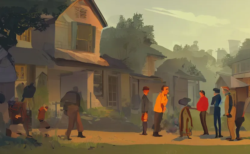 Image similar to a group of village farmers meet a local detective to outside his house, focus on the detective, james gilleard, print, game art