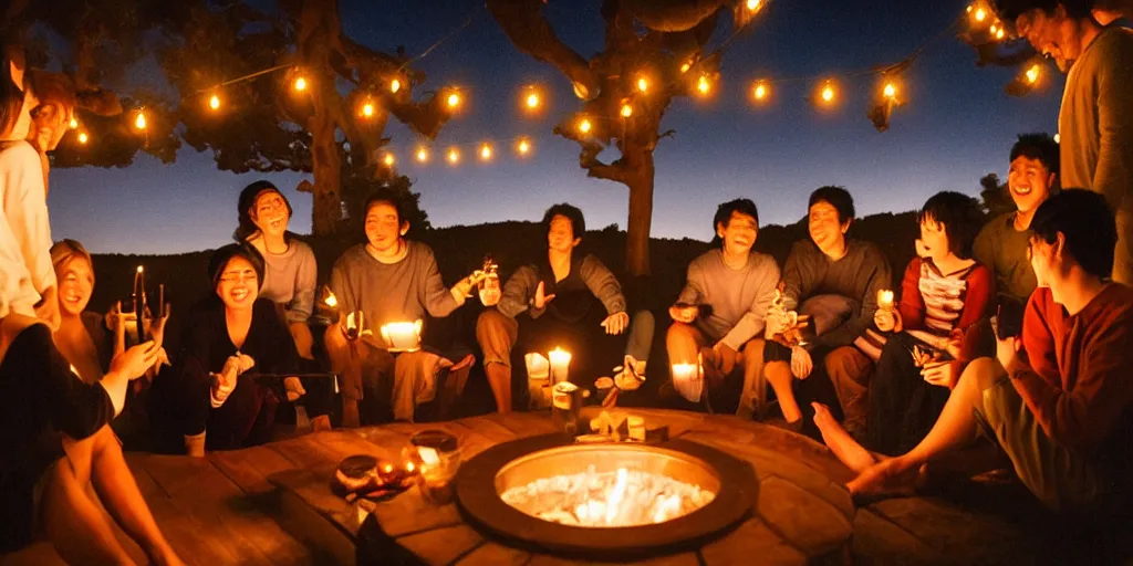 Image similar to people at a cozy party at midnight, bay area, candles, fire pit, hot tub, by studio ghibli