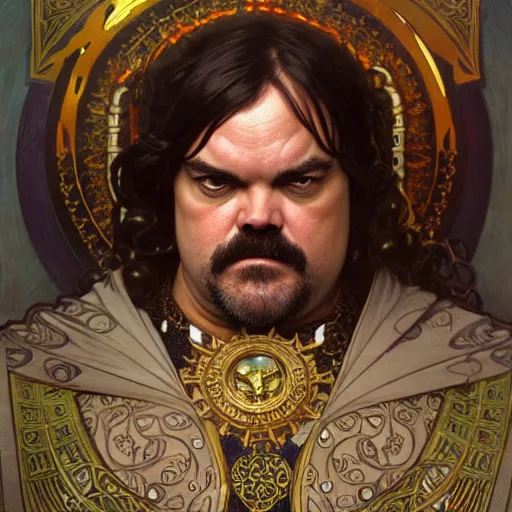 Image similar to full portrait of jack black as king friday, fantasy, d & d, intricate, detailed, by by alphonse mucha, adolfo hohenstein, alice russell glenny, stanley artgerm lau, greg rutkowski, detailed, trending on artstation, trending on artstation, smooth