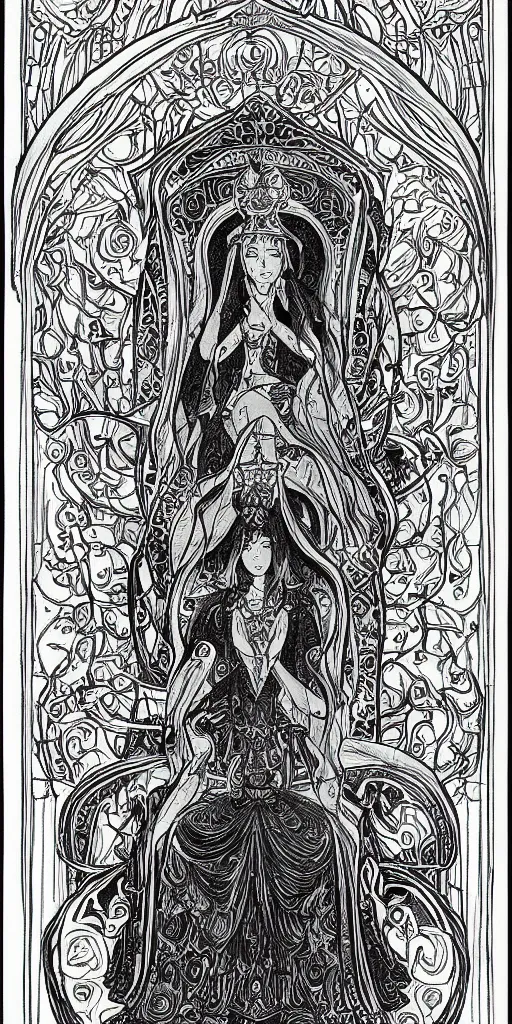 Image similar to a mystical woman priestess sitting on a throne, the divine feminine, drawn by studio UFOTABLE, fine line work