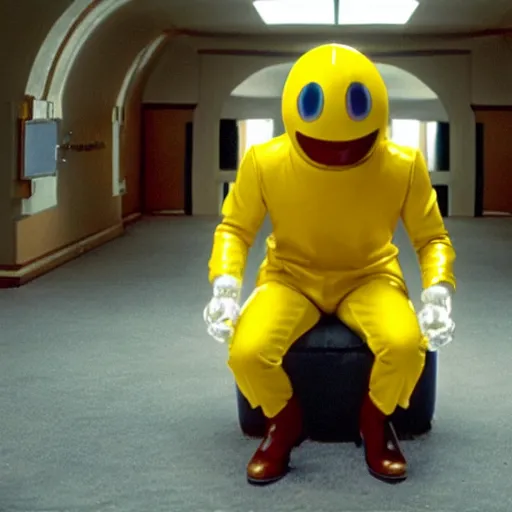 Image similar to Movie still of Ryan Gosling as humanoid Pacman, big round yellow head