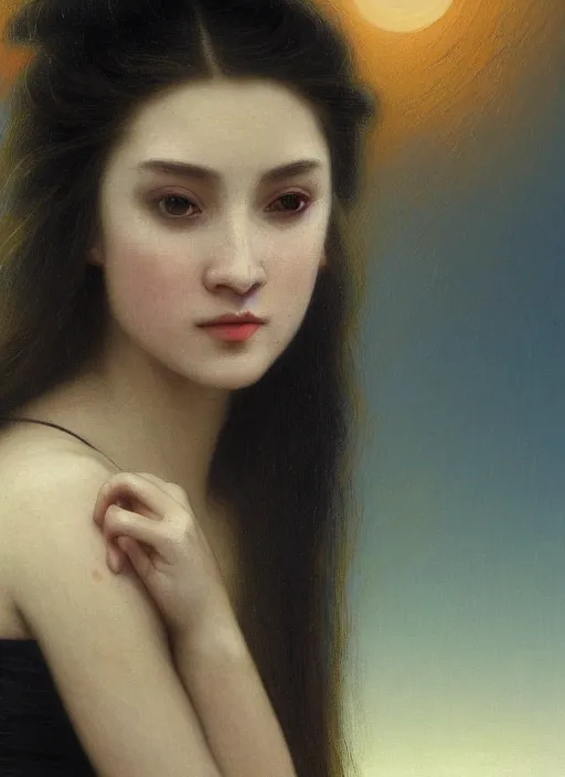 Prompt: oil painting close up portrait of a young woman with long dark flowing hair in a black dress, surrounded by white lilies!! at sunset, hazy, digital art, chiaroscuro, artstation, cinematic, golden hour, digital art painting by greg rutkowski, 7 0 s japanese sci - fi book art, william - adolphe bouguereau, hazy atmosphere, cinematic lighting