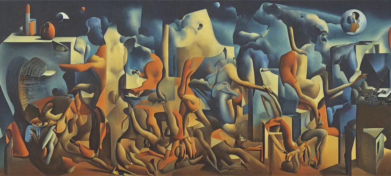 Prompt: surrealist painting of about the internet by Magritte, Dali, Andre Breton and Max Ernst