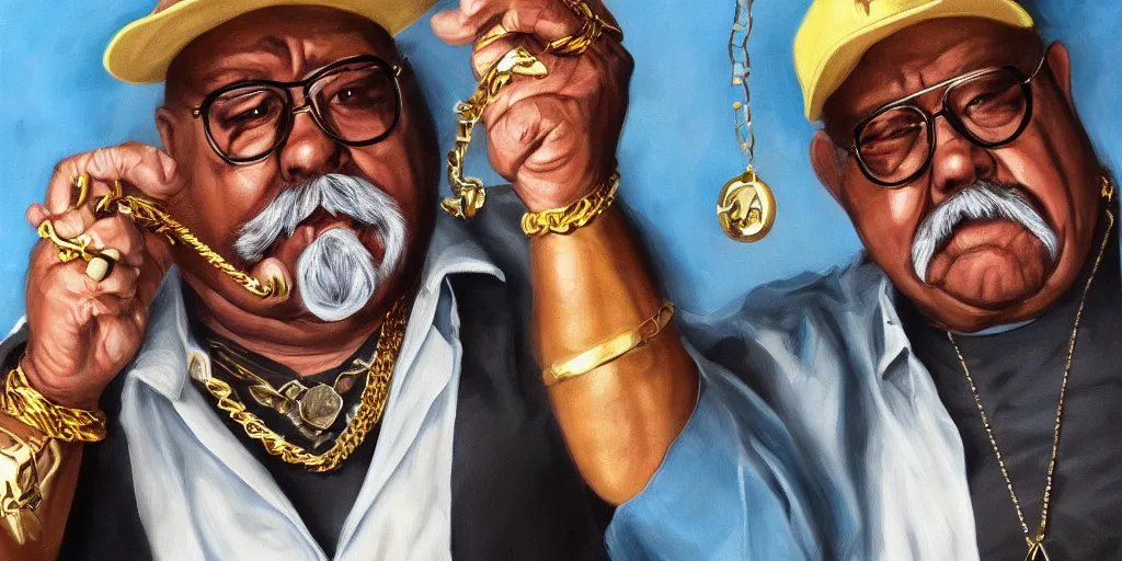 Image similar to wilford brimley rapper wearing gold chains with gold rings on his fingers diabeetus high fidelity painting high resolution trending on artstation