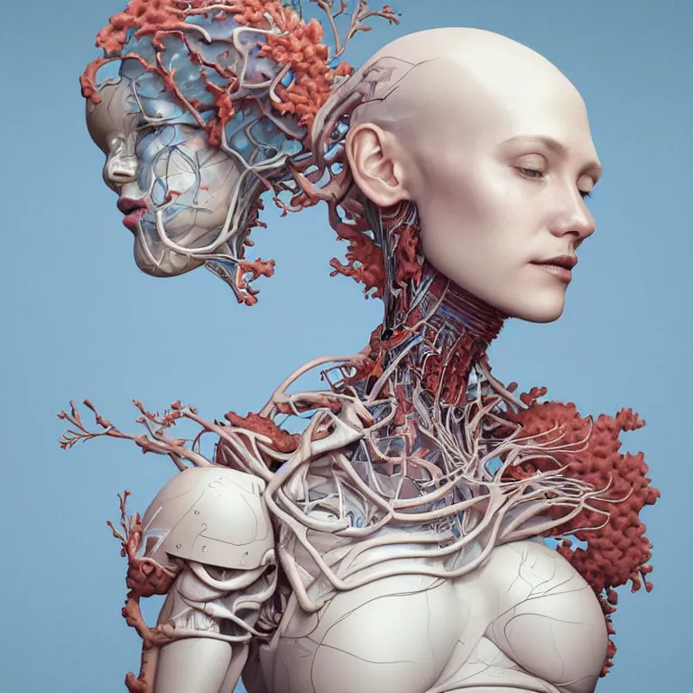 Prompt: portrait of beautiful!! woman with coral!! reef hair. torso, lungs, plates, biomechanical android. soft light painted by james jean and moebius!!! and erik jones, inspired by mary jane ansell, smooth face feature, intricate oil painting, high detail 3 d render, sharp high detail