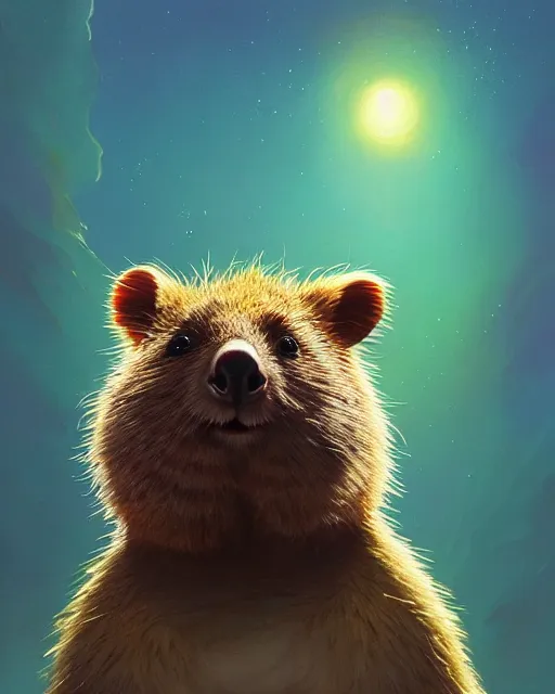 Prompt: highly detailed surreal vfx portrait of a joyful quokka, stephen bliss, unreal engine, greg rutkowski, loish, rhads, beeple, makoto shinkai and lois van baarle, ilya kuvshinov, rossdraws, tom bagshaw, alphonse mucha, global illumination, detailed and intricate environment