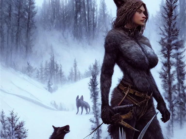 Prompt: a beautiful and aesthetic huntress with big wolf on the winter valley, toward to the camera, hunting the monsters, cynical, dramatic pose, intricate, highly detailed, detailed face, smooth, sharp focus, environmental light, rim light, artgerm, artstation, greg rutkowski, ilya kuvshinov, rossdraws, fantasy illustration