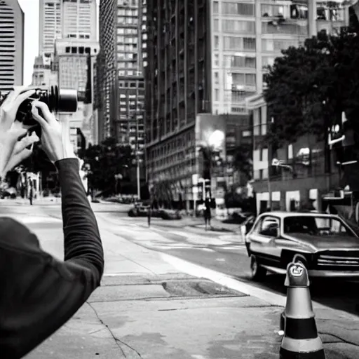 Image similar to young male taking photographs in pittsburgh real life, black and white, 1 9 7 0 s, 8 k, 4 k uhd, realistic, hyper realistic, super detailed, very detailed, detailed