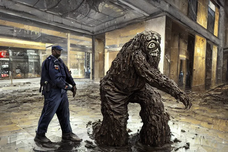 Image similar to palette knife oil painting of a mall security guard turning made of mud, turning into a monster of mud and sludge. the mall around him is also turning into mud, extreme detail, artstation trending, artgerm, deviant art, octane, substance, art history 8 k