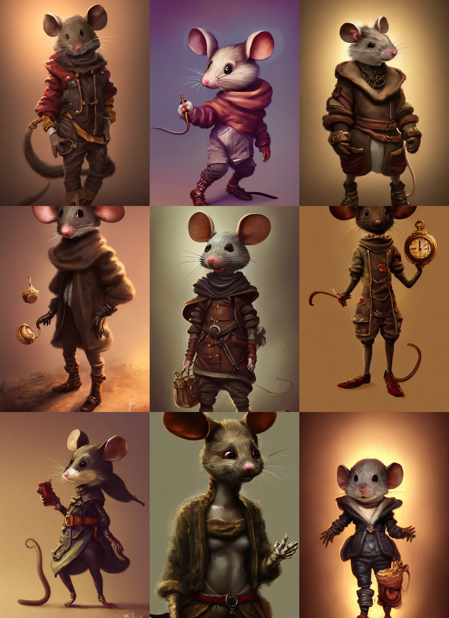 Prompt: full body concept, very fine art oil painting of a cute anthropomorphic mouse thief with a very beautiful face wearing full intricate clothing, ultra detailed, octane render, 4K, dystopian, micro details