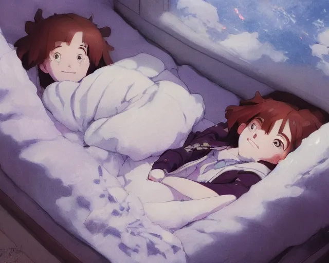 Image similar to a brunnete girl with blue eyes and puffy cheeks lying happy in her bed, close up shot from the top, anime art, Greg Rutkowski, studio ghibli, dramatic lighting