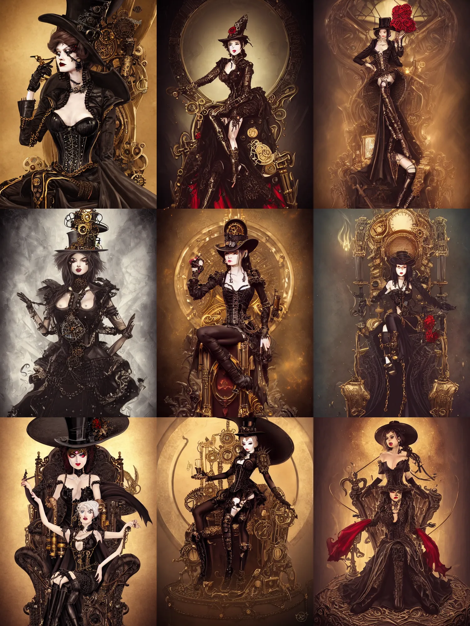 Image similar to picture of female steampunk necromancer sitting on her black throne, detailed face, angled sitting, golden corset, black clothing, grey cape, top hat, pale skin, red eyes, red lipstick, fractal background, high fantasy, dnd, highly detailed, smooth, sharp focus, digital illustration, by rossdraws