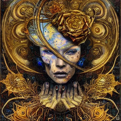 Image similar to Memento Mori by Karol Bak, Jean Deville, Gustav Klimt, and Vincent Van Gogh, beautiful visionary mystical portrait, otherworldly, fractal structures, calavera, ornate gilded medieval icon, third eye, spirals, botanicals by William Morris