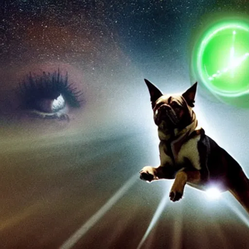 Prompt: movie still of a dog owner getting beamed aboard ( abducted ) by an alien ufo