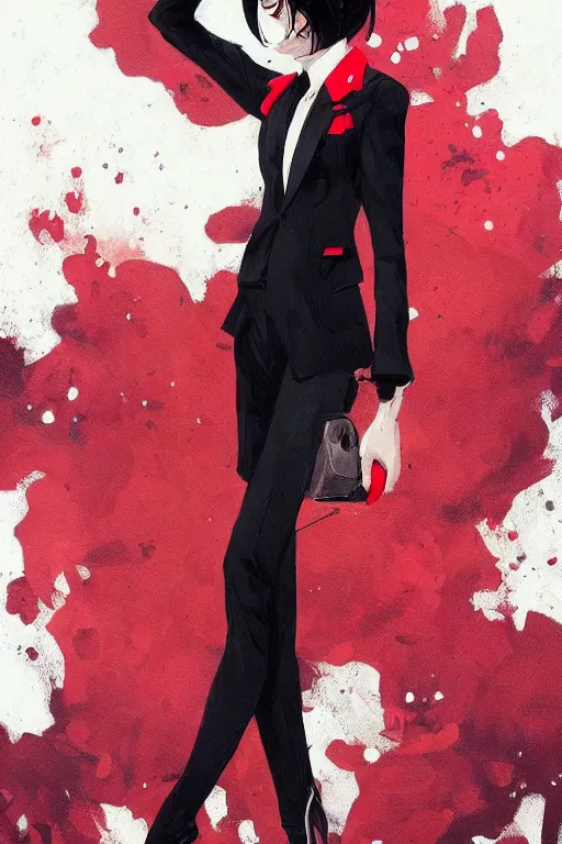 Prompt: a ultradetailed beautiful painting of a stylish female, wearing suit and tie, by conrad roset, red and black, greg rutkowski and makoto shinkai trending on artstation