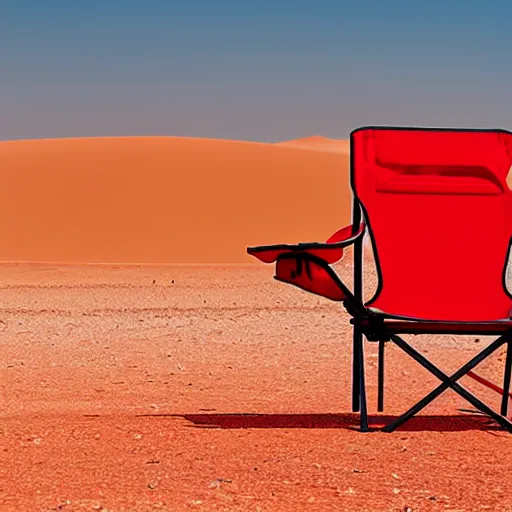 Image similar to a red camping chair in the middle of the sahara desert. the chair is 2 0 feet away from the camera.