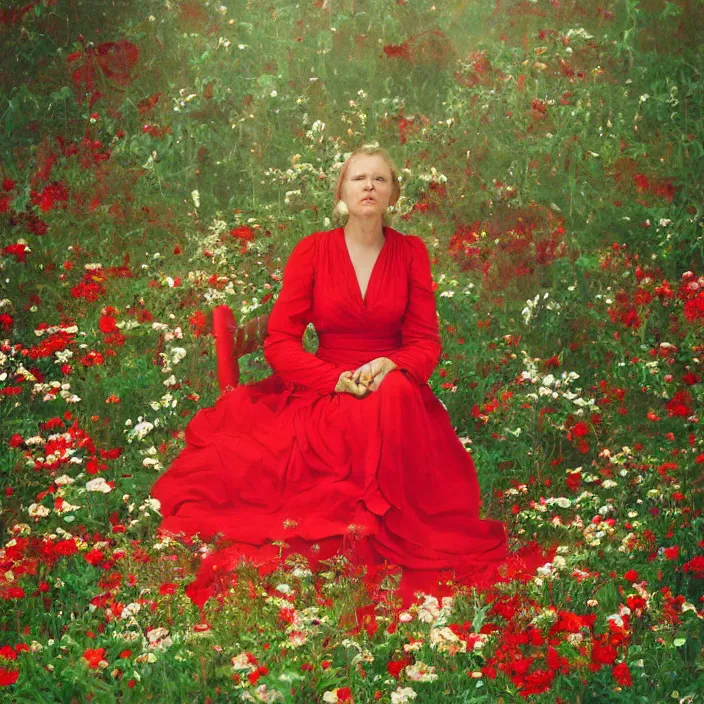 Image similar to closeup portrait of a woman in a red dress, sitting in a throne of flowers, by Annie Leibovitz and Steve McCurry, natural light, detailed face, CANON Eos C300, ƒ1.8, 35mm, 8K, medium-format print