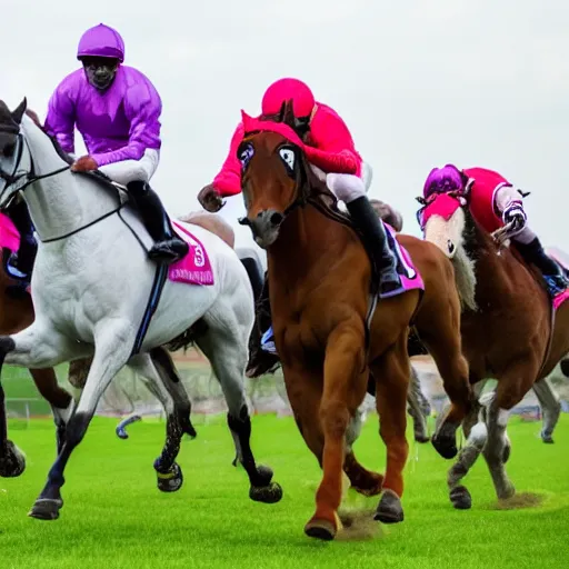 Image similar to A horse race but with unicorns, sports photography